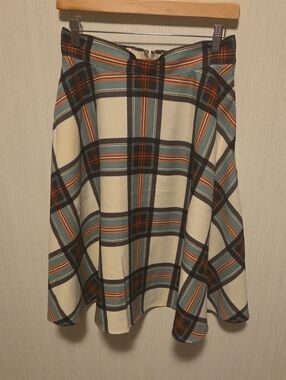 Modcloth Cream Plaid Circle Skirt with Teal & Red Stripes